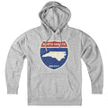 Born Into It North Dakota Interstate Sign hoodie, gray sweatshirt featuring interstate sign graphic, comfortable casual wear.