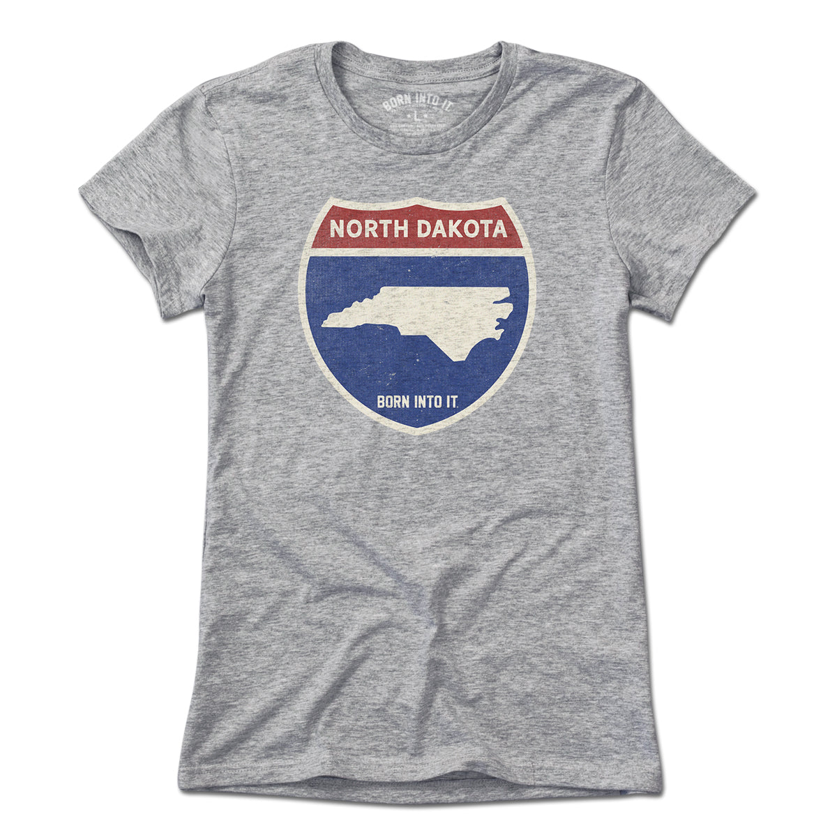 Light gray North Dakota Interstate Sign T-Shirt by Born Into It, featuring a detailed interstate highway graphic on the front.