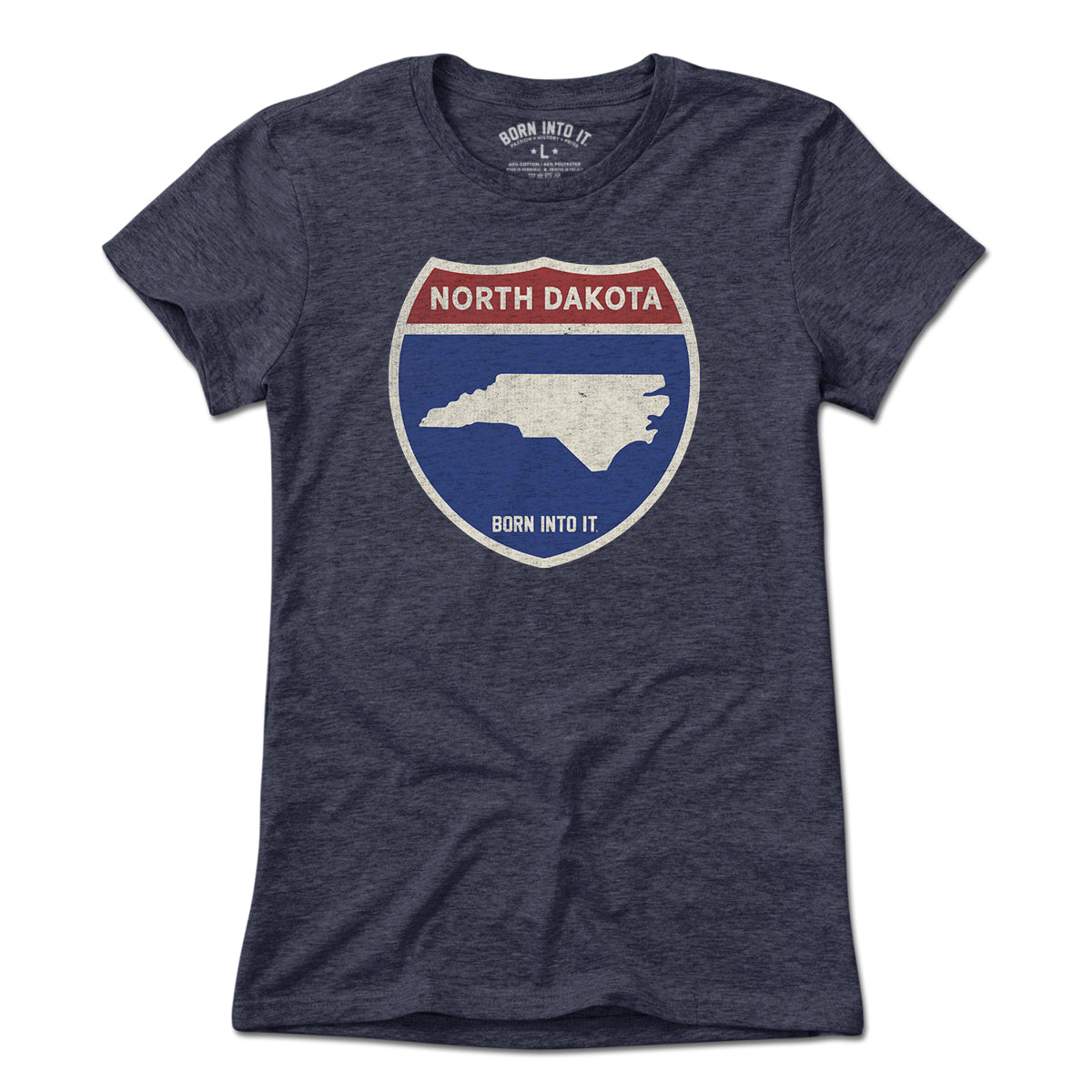Light green Born Into It North Dakota Interstate Sign T-Shirt featuring a highway sign graphic on the front.
