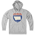 Born Into It Nebraska Interstate Sign hoodie sweatshirt in gray, featuring a highway sign graphic on the front.
