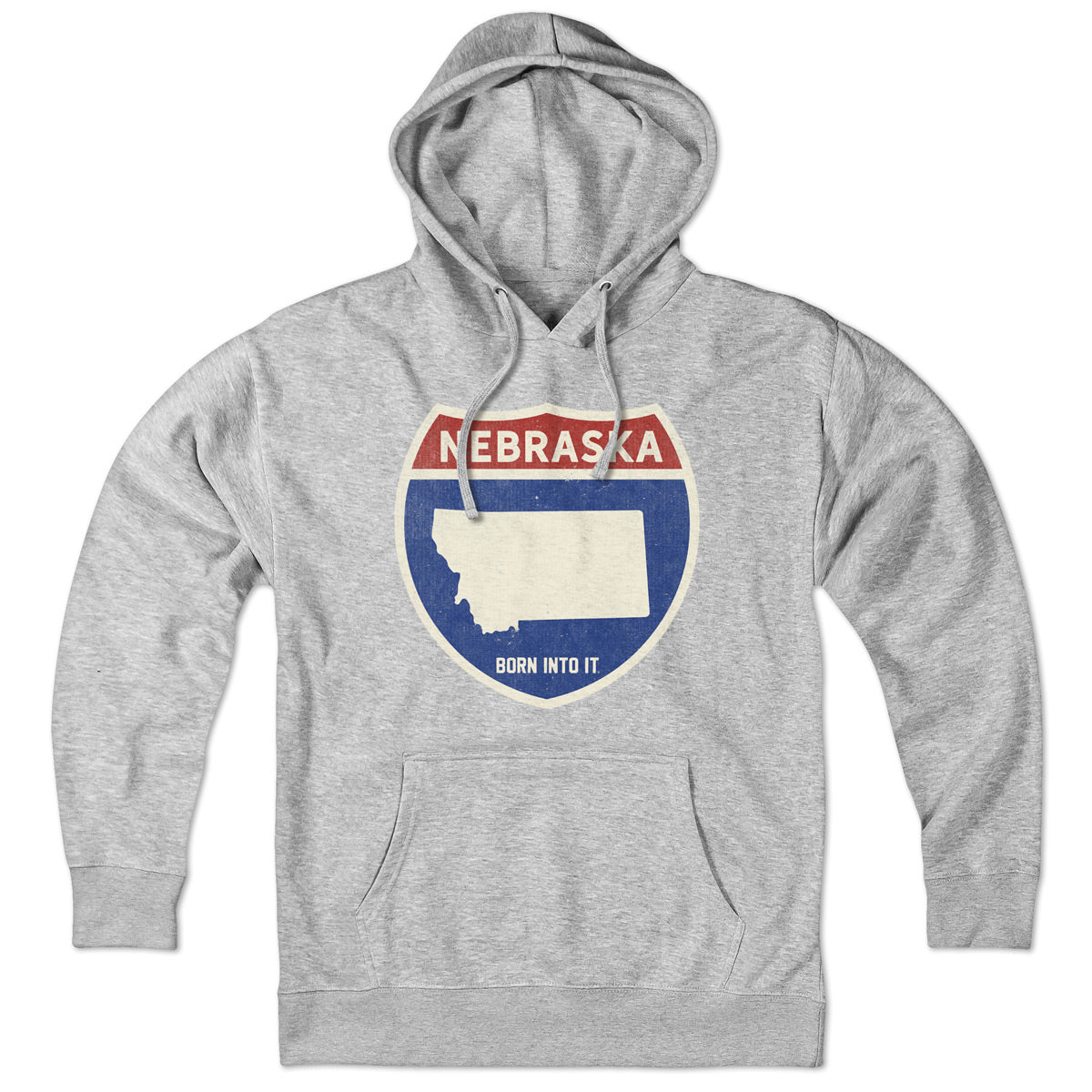 Born Into It Nebraska Interstate Sign hoodie sweatshirt in gray, featuring a highway sign graphic on the front.