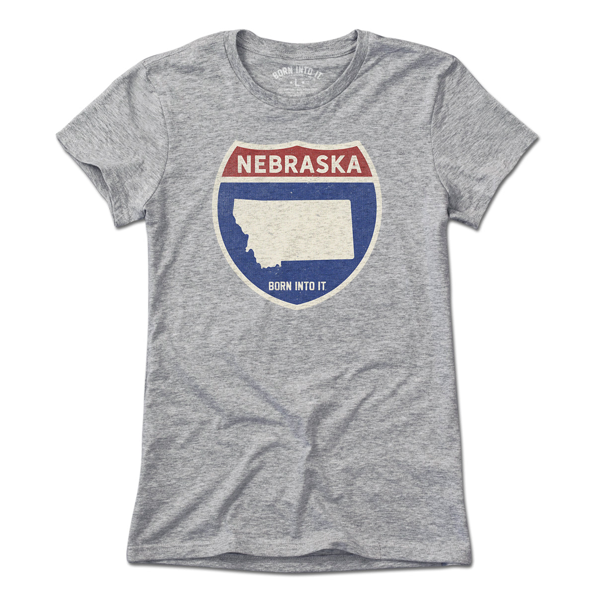Born Into It Nebraska Interstate Sign T-Shirt in light gray, featuring interstate highway graphics on the front.