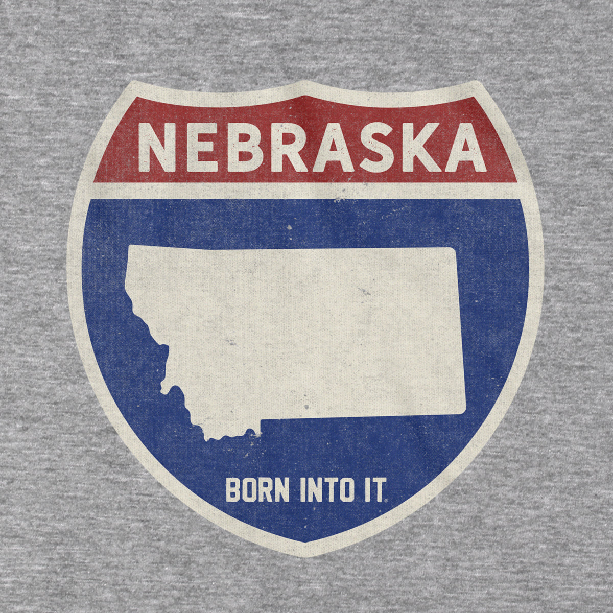 Born Into It Nebraska Interstate Sign T-Shirt in gray, featuring a highway sign graphic and casual fit.
