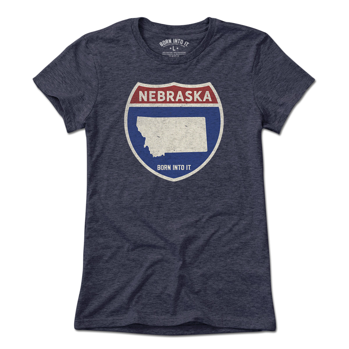 Born Into It Nebraska Interstate Sign T-Shirt showing a graphic of the interstate sign on a light-colored shirt.