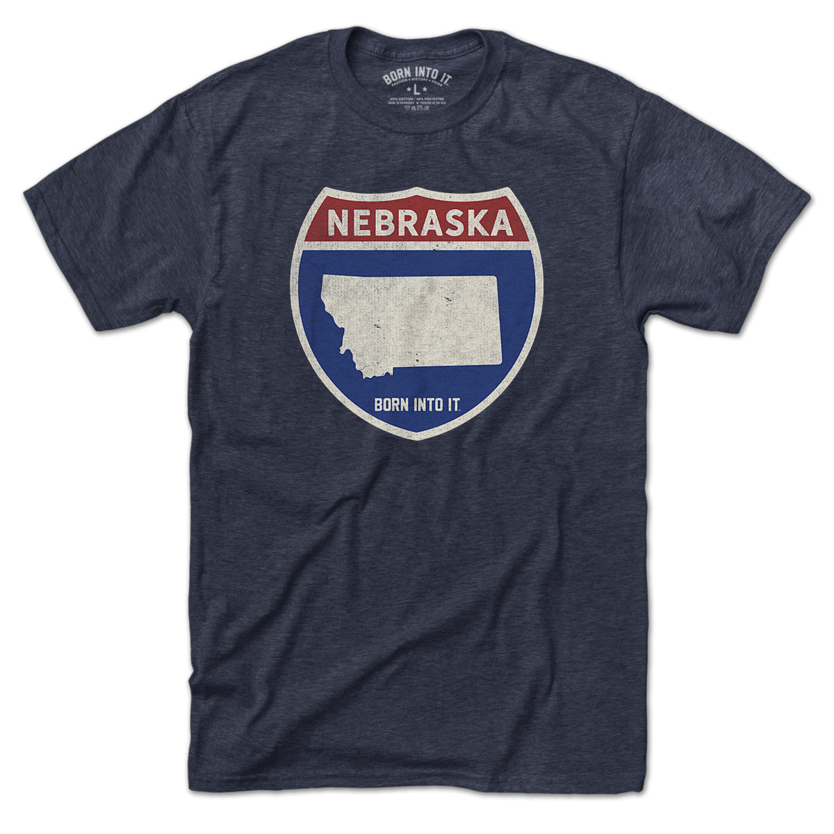 Born Into It Nebraska Interstate Sign T-Shirt, casual cotton tee with interstate highway design, in black and white.