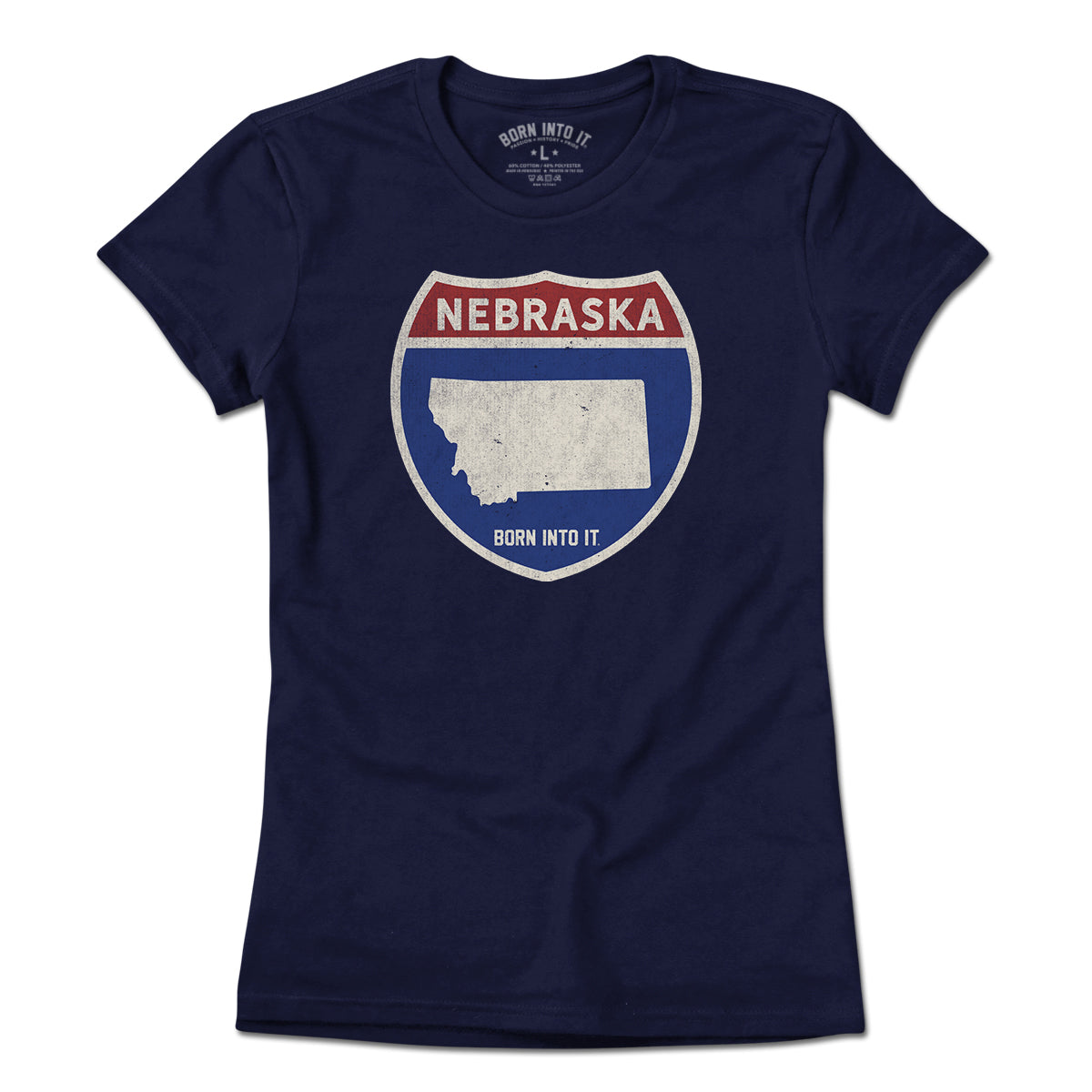 Light gray Nebraska Interstate Sign T-Shirt by Born Into It featuring a highway sign graphic on the front.