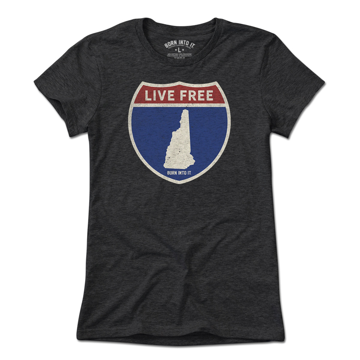 Light blue New Hampshire Interstate Sign T-shirt by Born Into It, featuring a detailed highway sign graphic on the front.