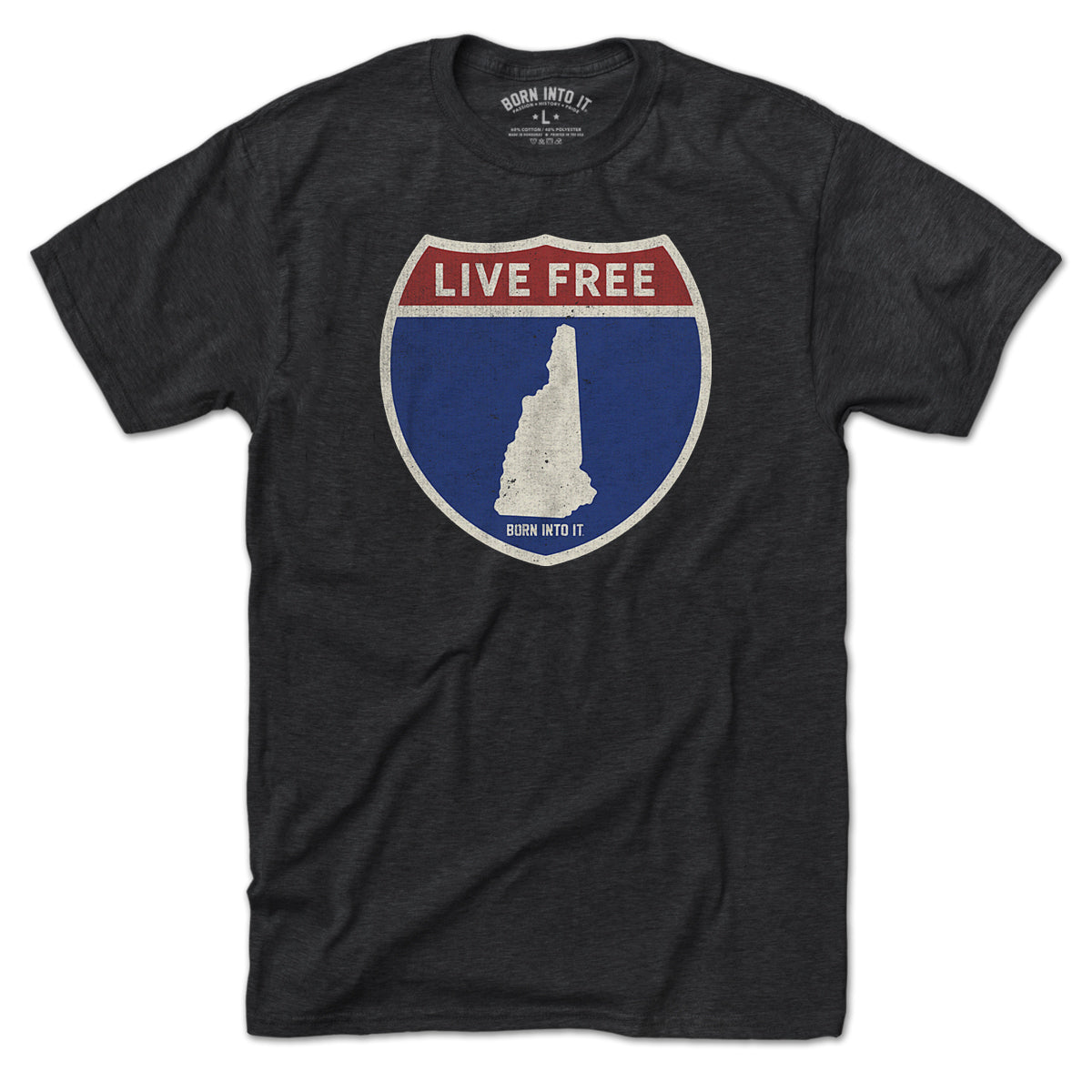 Born Into It New Hampshire Interstate Sign T-Shirt featuring a graphic of the NH highway sign on a flat-front design.