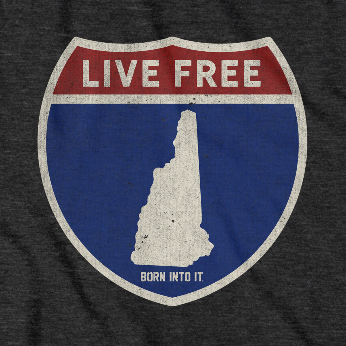 Born Into It New Hampshire Interstate Sign T-Shirt showing a graphic design of the NH interstate route on the front.