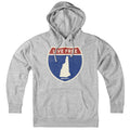 Born Into It New Hampshire Interstate Sign hoodie, gray sweatshirt with interstate highway design, casual and comfortable everyday wear.