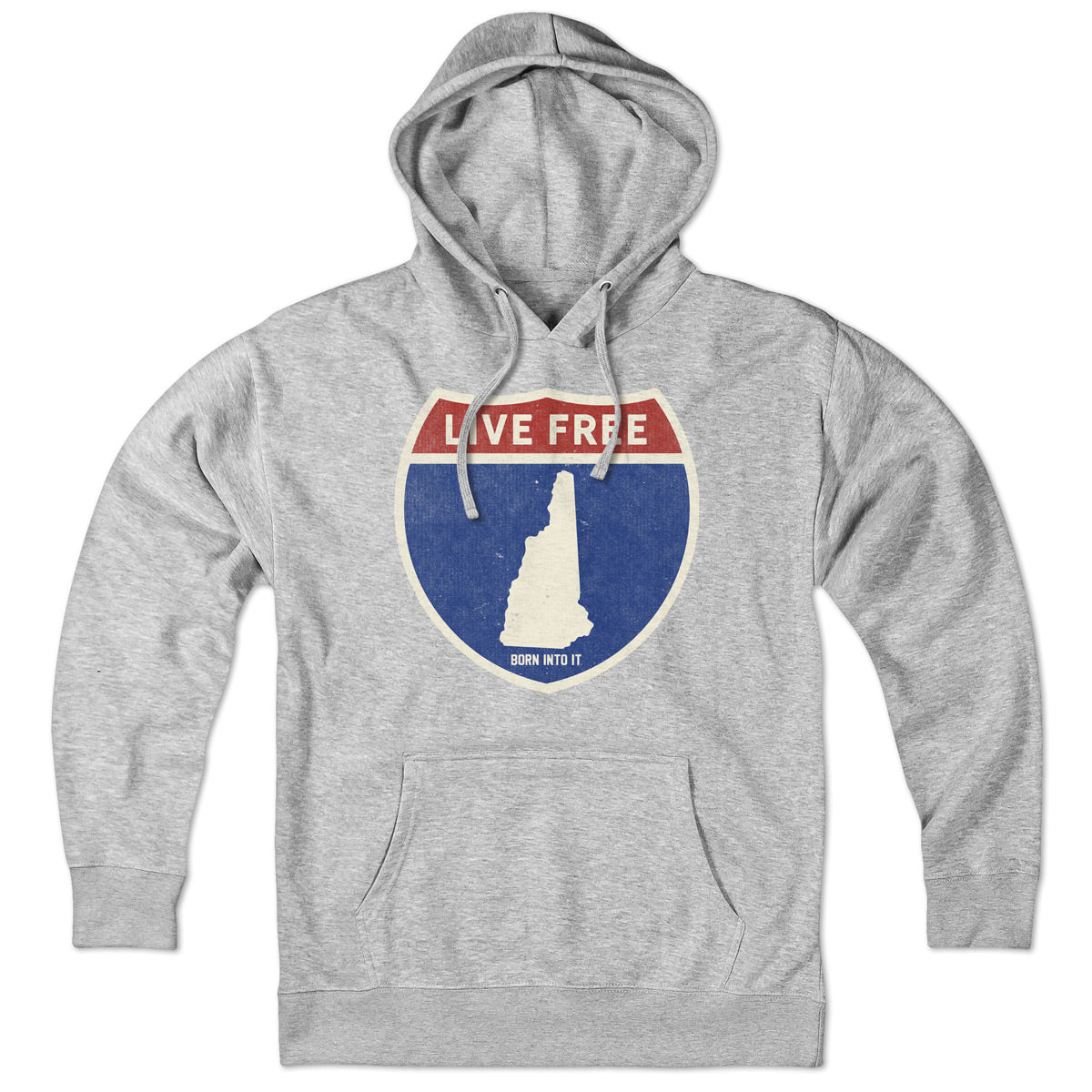 Born Into It New Hampshire Interstate Sign hoodie, gray sweatshirt with interstate highway design, casual and comfortable everyday wear.