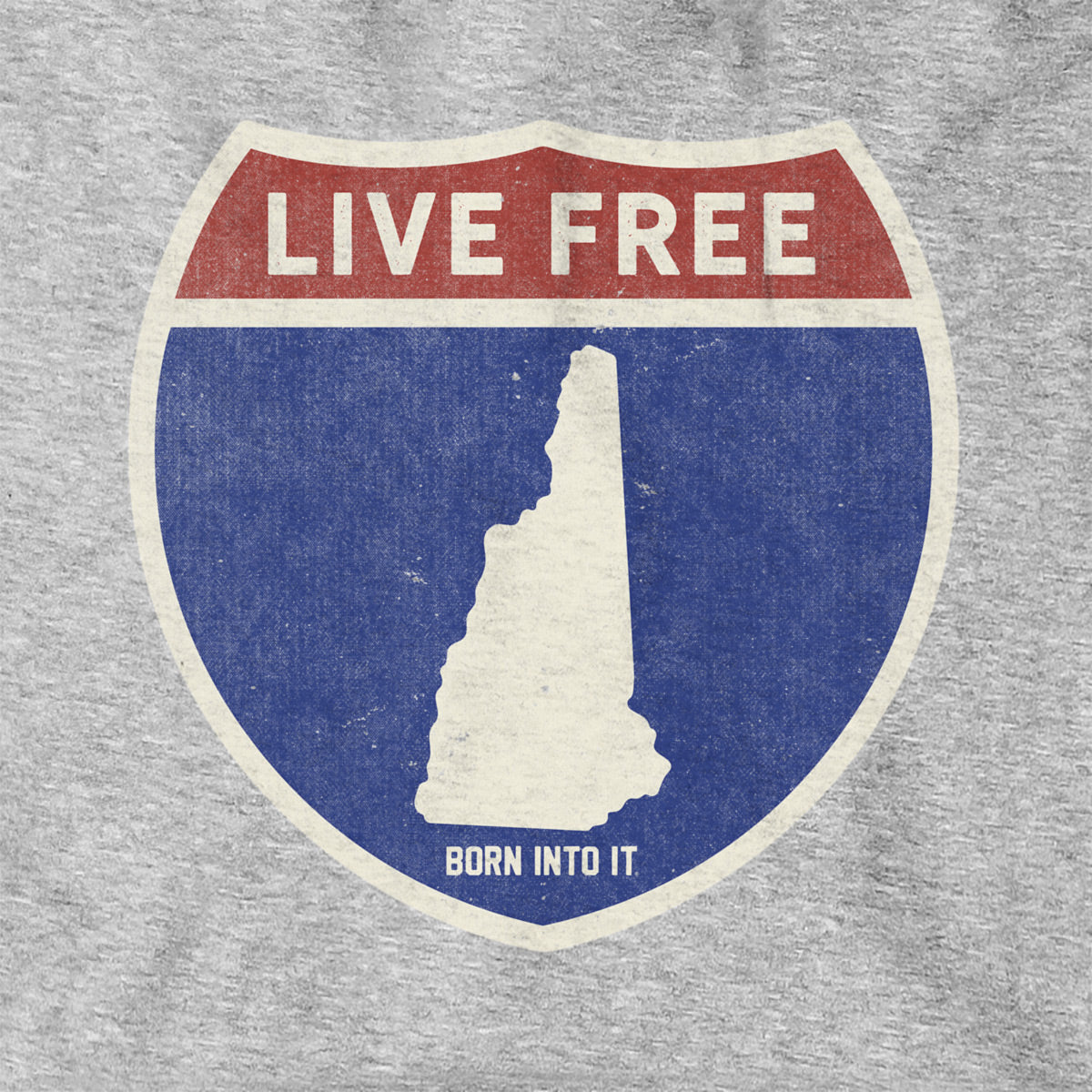 Born Into It New Hampshire Interstate Sign Hoodie sweatshirt in gray with highway sign graphic for casual wear.