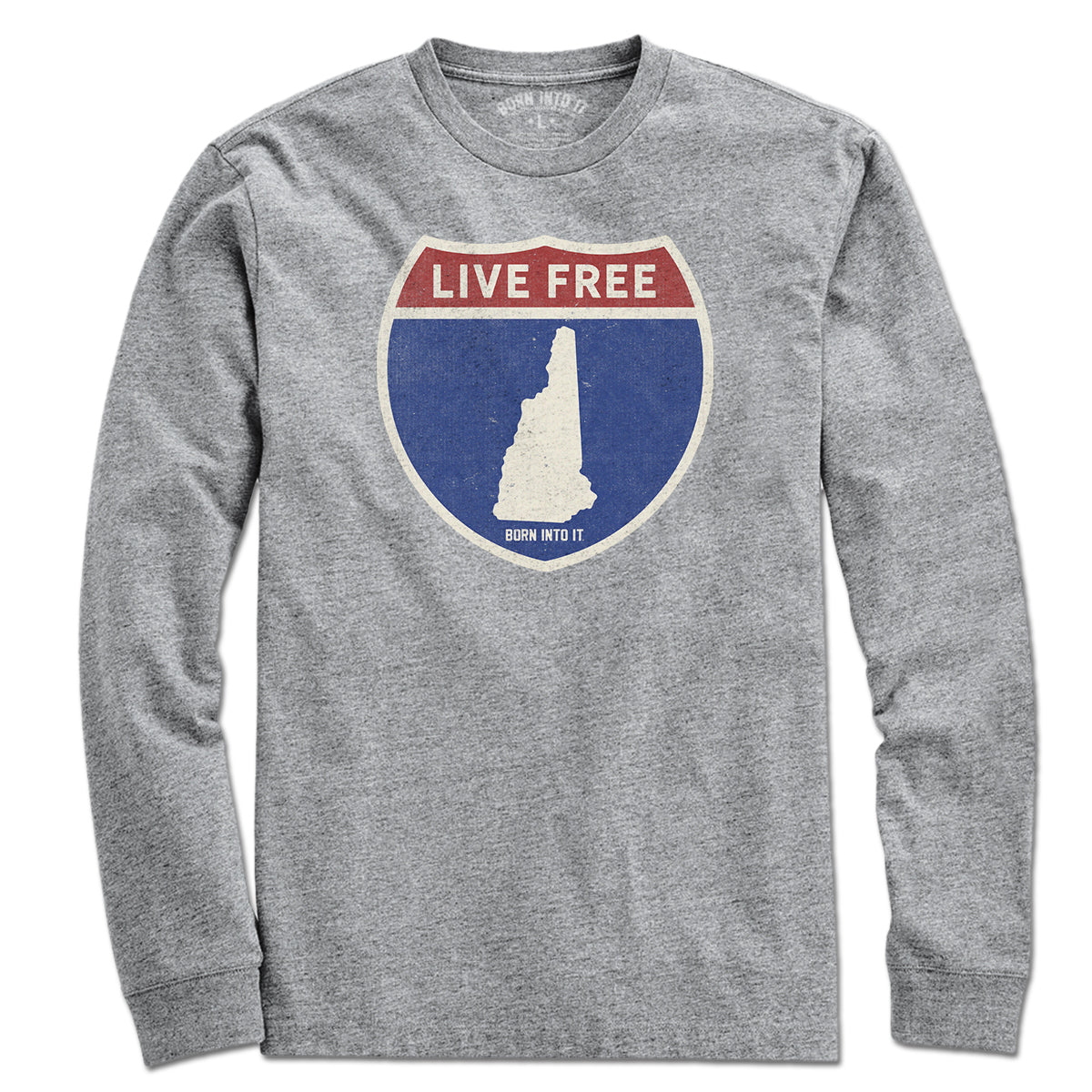 Born Into It New Hampshire Interstate Sign T-Shirt in gray, featuring a detailed interstate sign design on the front.