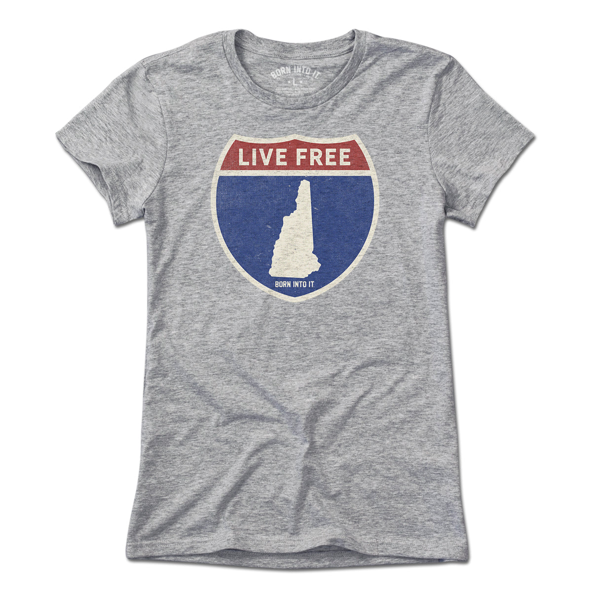 Born Into It New Hampshire Interstate Sign T-Shirt in gray, featuring a graphic of the NH interstate highway on soft cotton fabric.