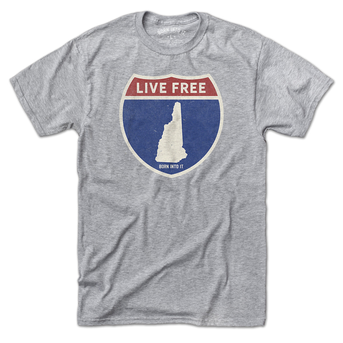 Gray New Hampshire Interstate Sign T-Shirt by Born Into It, featuring a printed interstate highway graphic on soft cotton fabric.