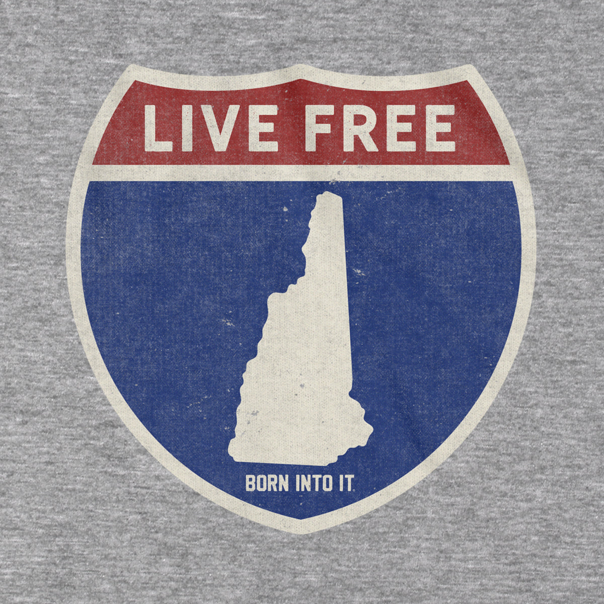 Born Into It New Hampshire Interstate Sign T-Shirt, gray fabric with highway graphic and state name design.