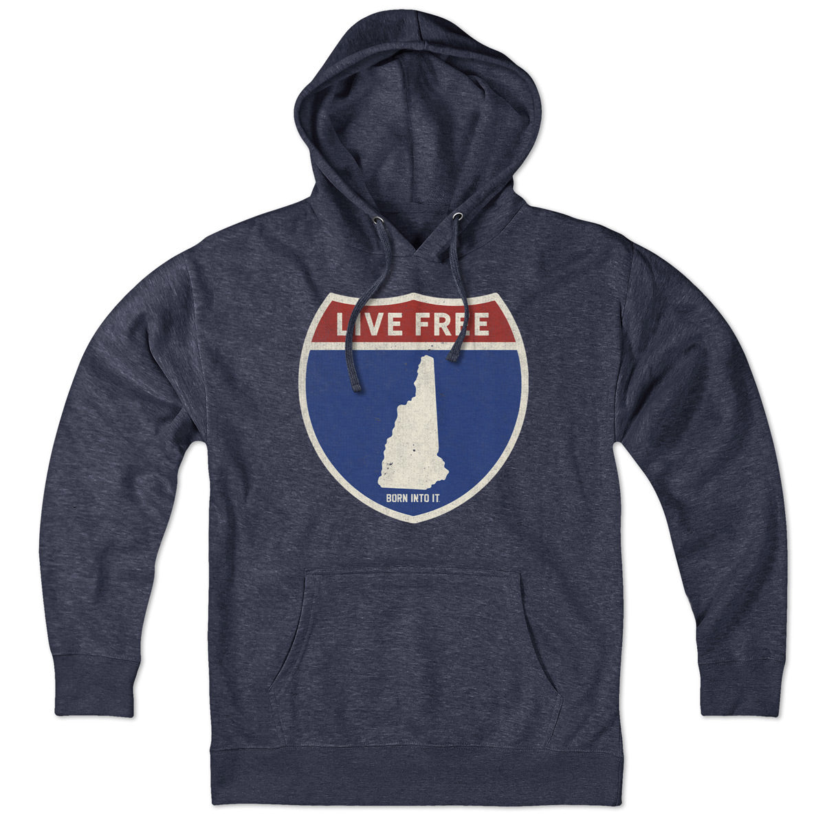 Born Into It New Hampshire Interstate Sign hoodie sweatshirt featuring a printed interstate sign design on the front.