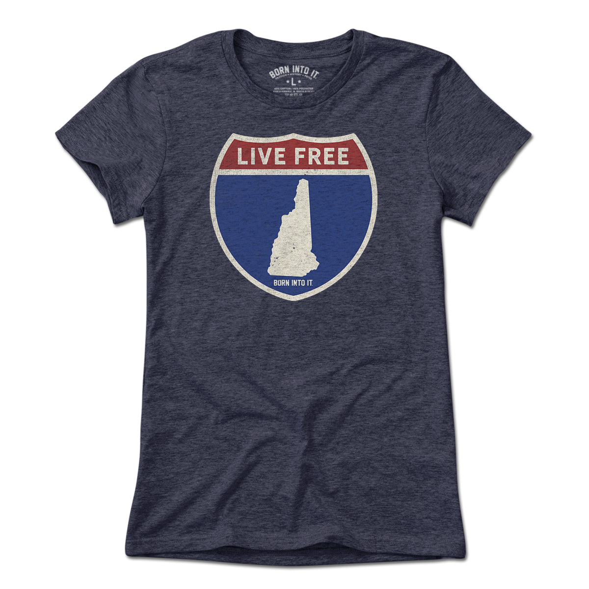 Born Into It New Hampshire Interstate Sign T-Shirt, light gray, casual graphic tee with NH interstate design.