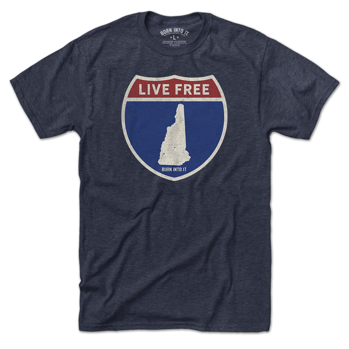 Born Into It New Hampshire Interstate Sign T-Shirt featuring a graphic of the NH interstate highway sign on a white fabric t-shirt.