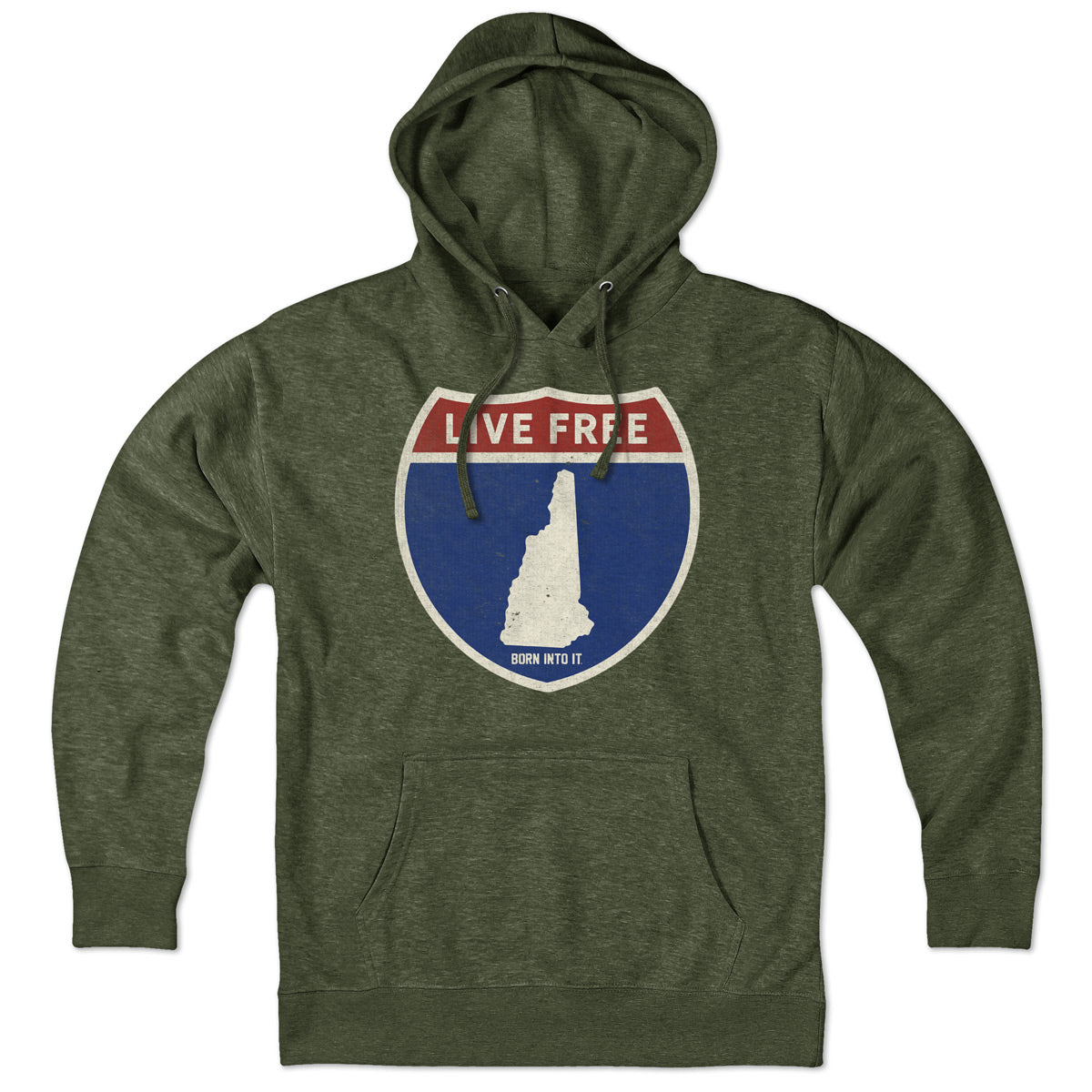 Born Into It New Hampshire Interstate Sign hoodie sweatshirt featuring a graphic of the NH interstate sign on a comfortable fabric.
