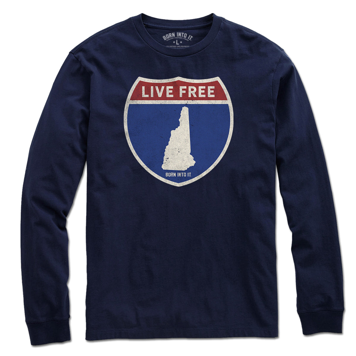 Born Into It New Hampshire Interstate Sign T-Shirt featuring a graphic of the New Hampshire and New York interstate signs.
