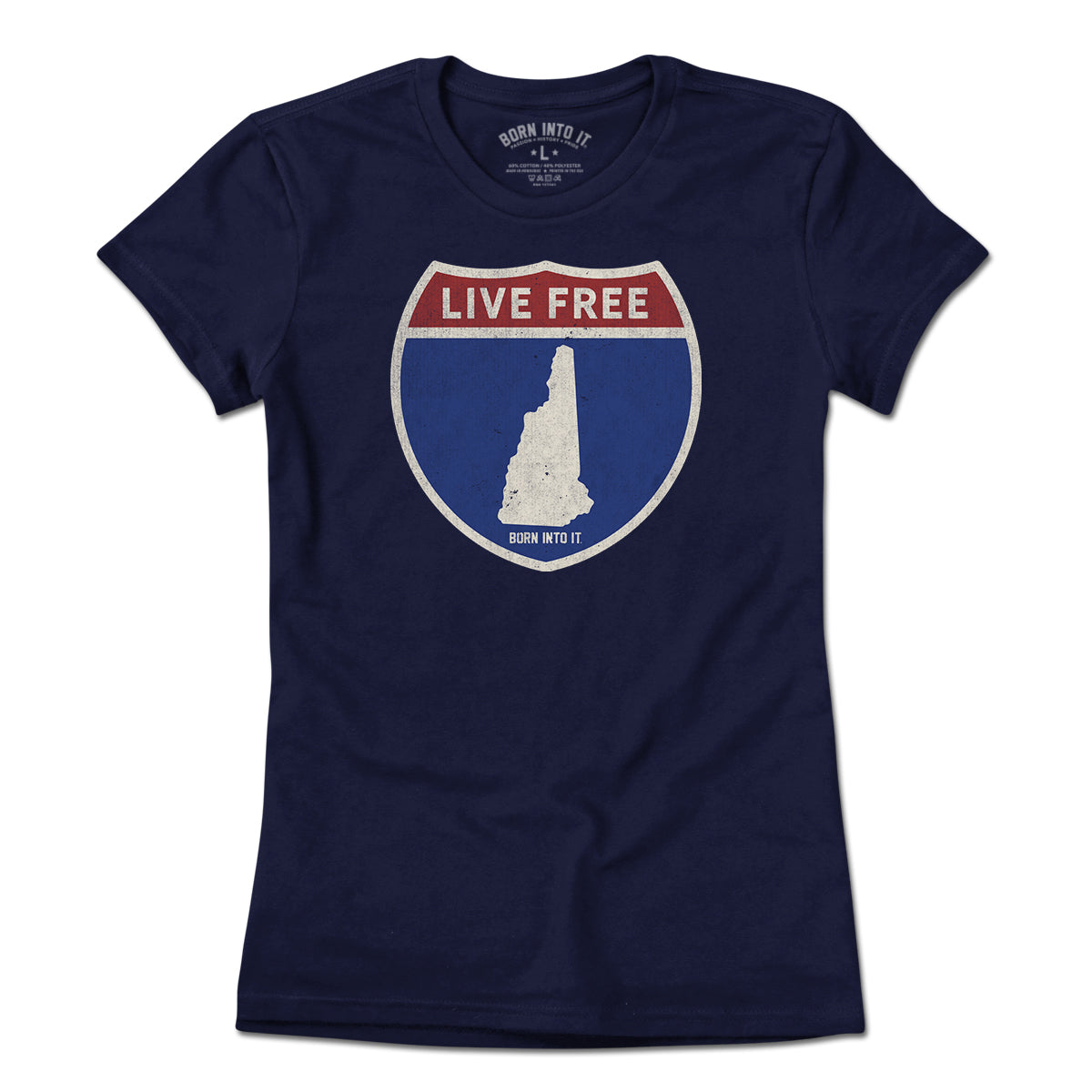 Light green Born Into It New Hampshire Interstate Sign T-Shirt with highway design, front view, casual apparel for travelers.