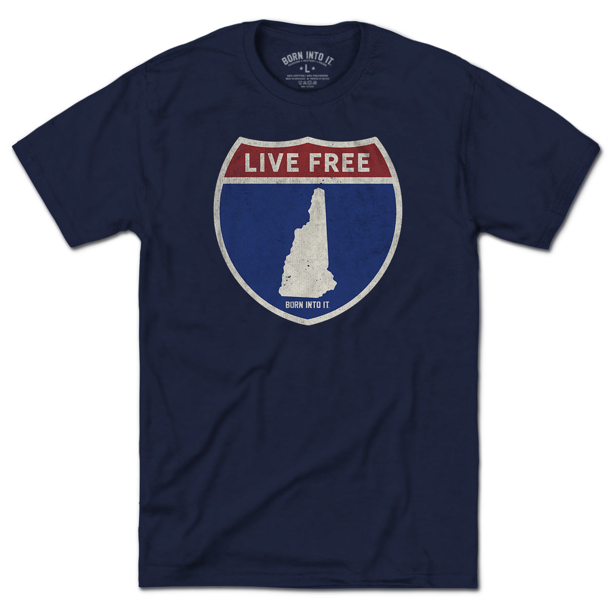 Born Into It New Hampshire Interstate Sign T-Shirt featuring a graphic of interstate signs for NH, NY, and UT on a casual tee.