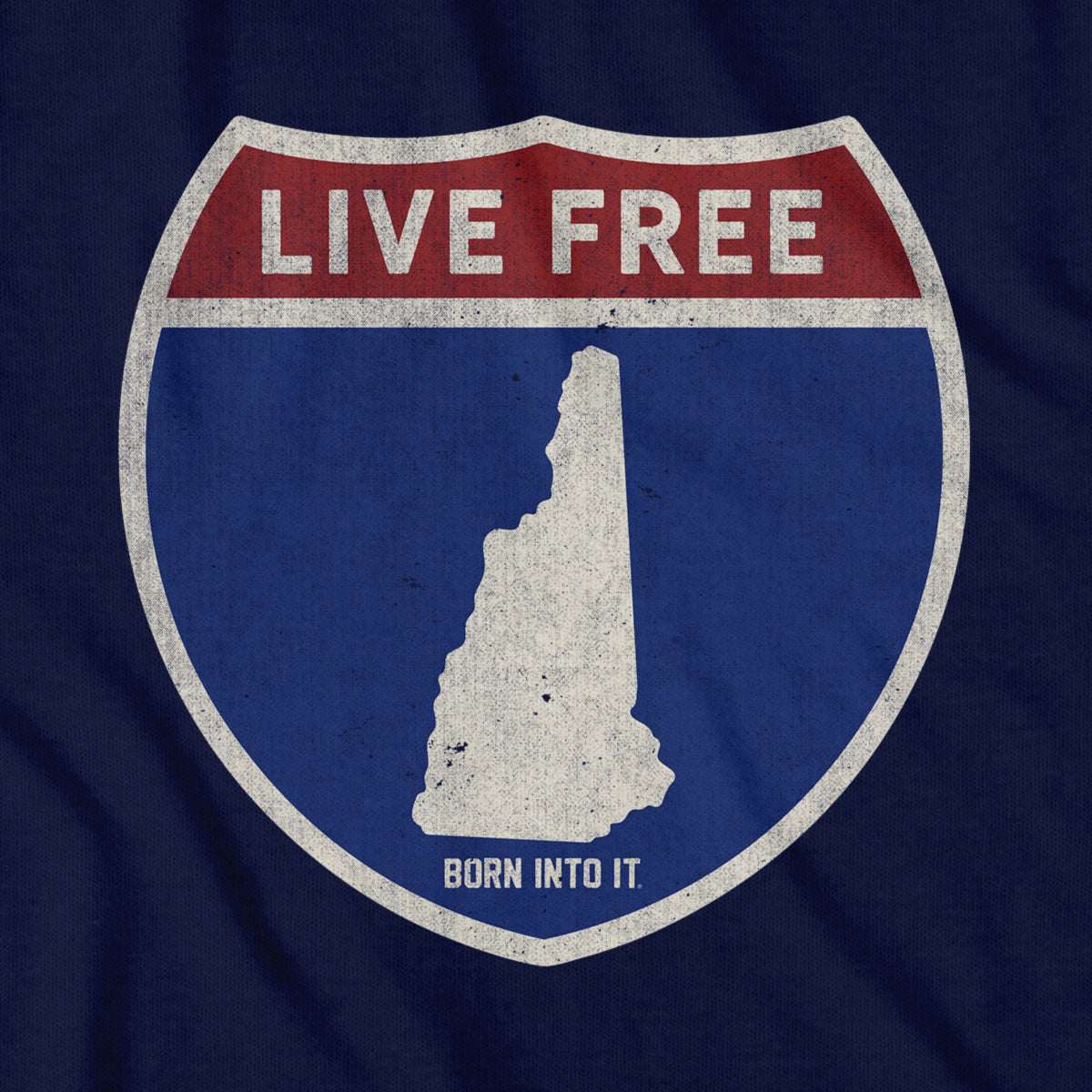 Born Into It New Hampshire Interstate Sign T-Shirt featuring a graphic of highway signs from New Hampshire and New York.