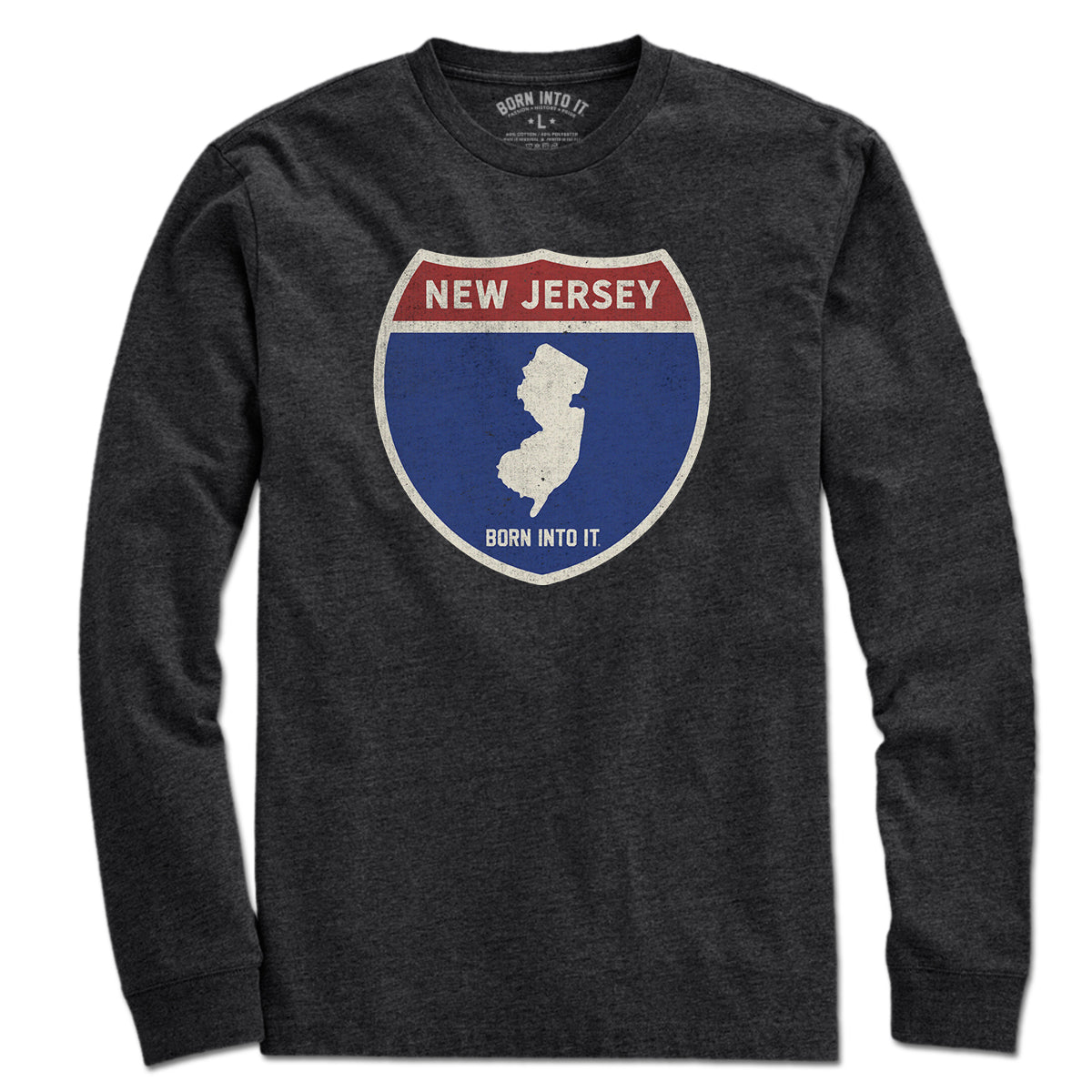 Born Into It New Jersey Interstate Sign T-Shirt showing a classic highway sign design on a casual crew neck tee.