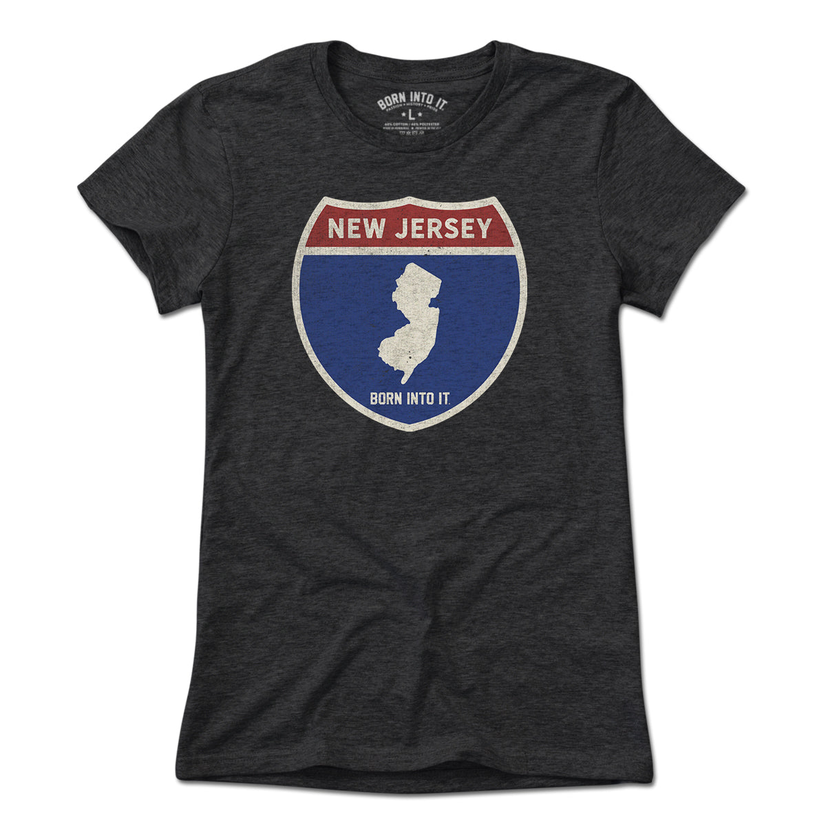 Light blue New Jersey Interstate Sign T-Shirt by Born Into It, featuring a graphic of the NJ highway sign on the front.