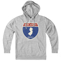 Born Into It New Jersey Interstate Sign hoodie sweatshirt in gray, featuring iconic highway design and comfortable fit.
