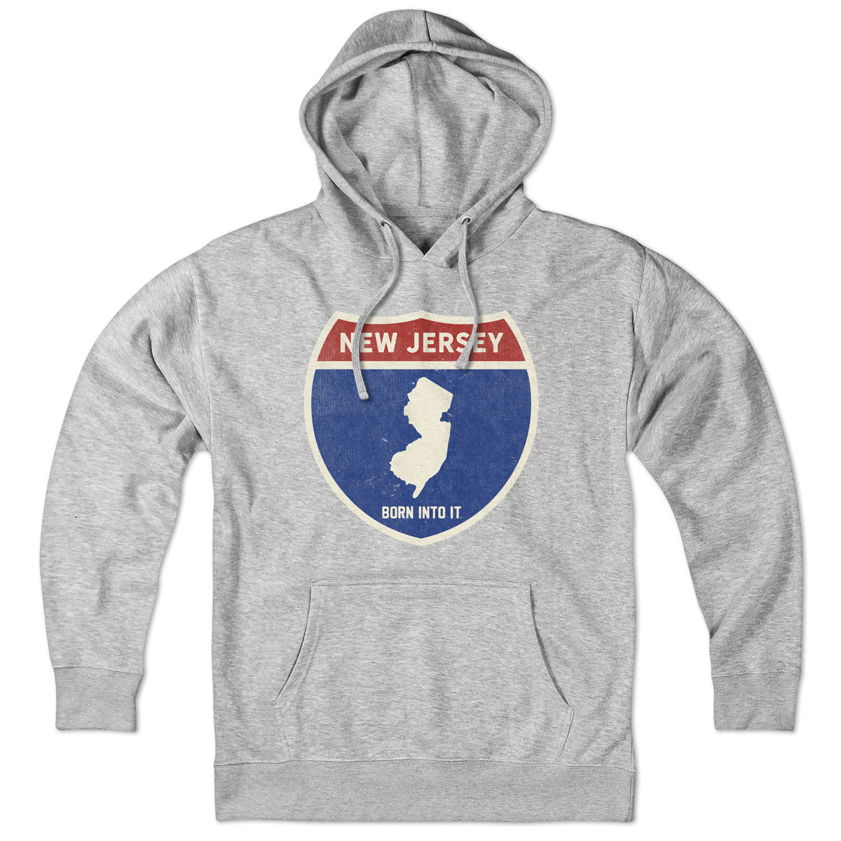 Born Into It New Jersey Interstate Sign hoodie sweatshirt in gray, featuring iconic highway design and comfortable fit.