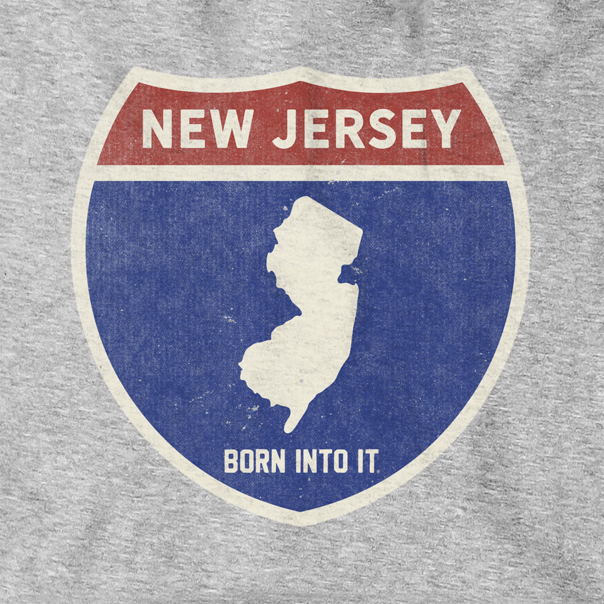 Born Into It New Jersey Interstate Sign hoodie sweatshirt in gray, featuring iconic interstate highway graphics.
