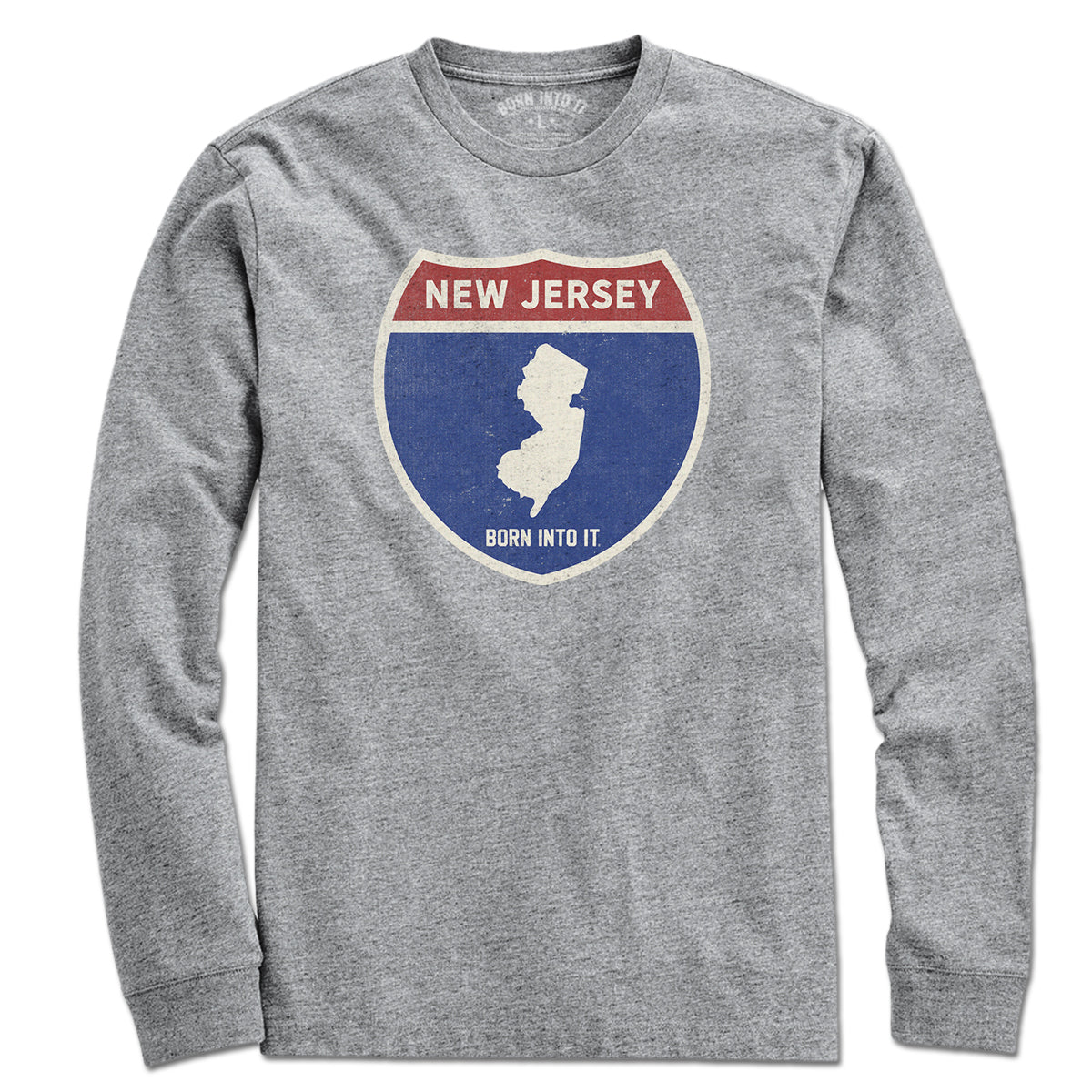 Born Into It New Jersey Interstate Sign T-Shirt in gray, featuring a detailed interstate highway graphic on the front.