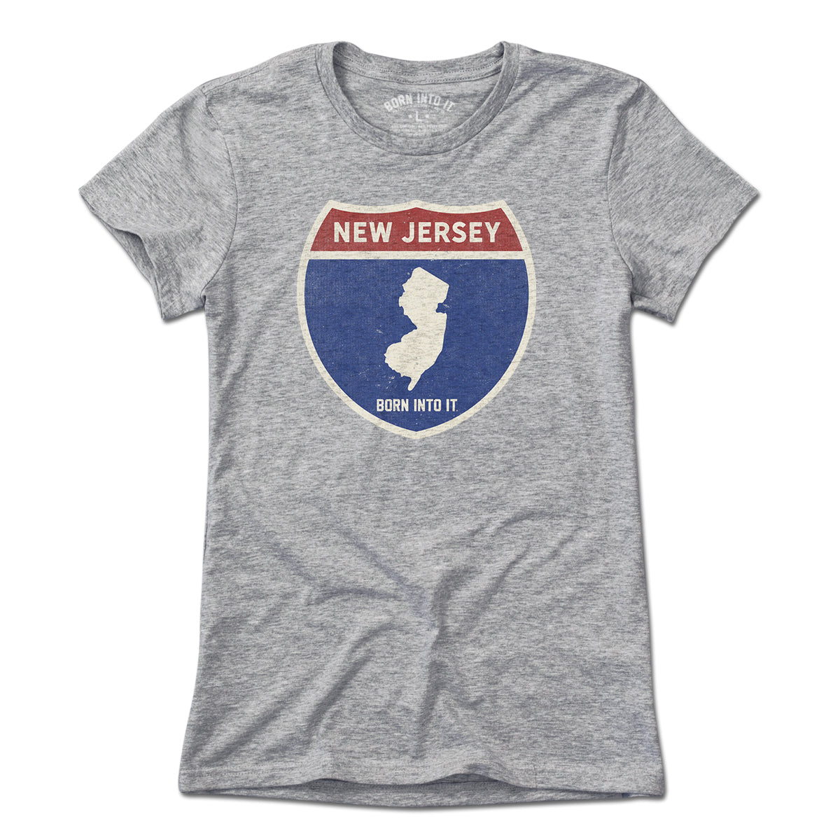 Born Into It New Jersey Interstate Sign T-Shirt in light gray with highway graphic on front, casual streetwear style.
