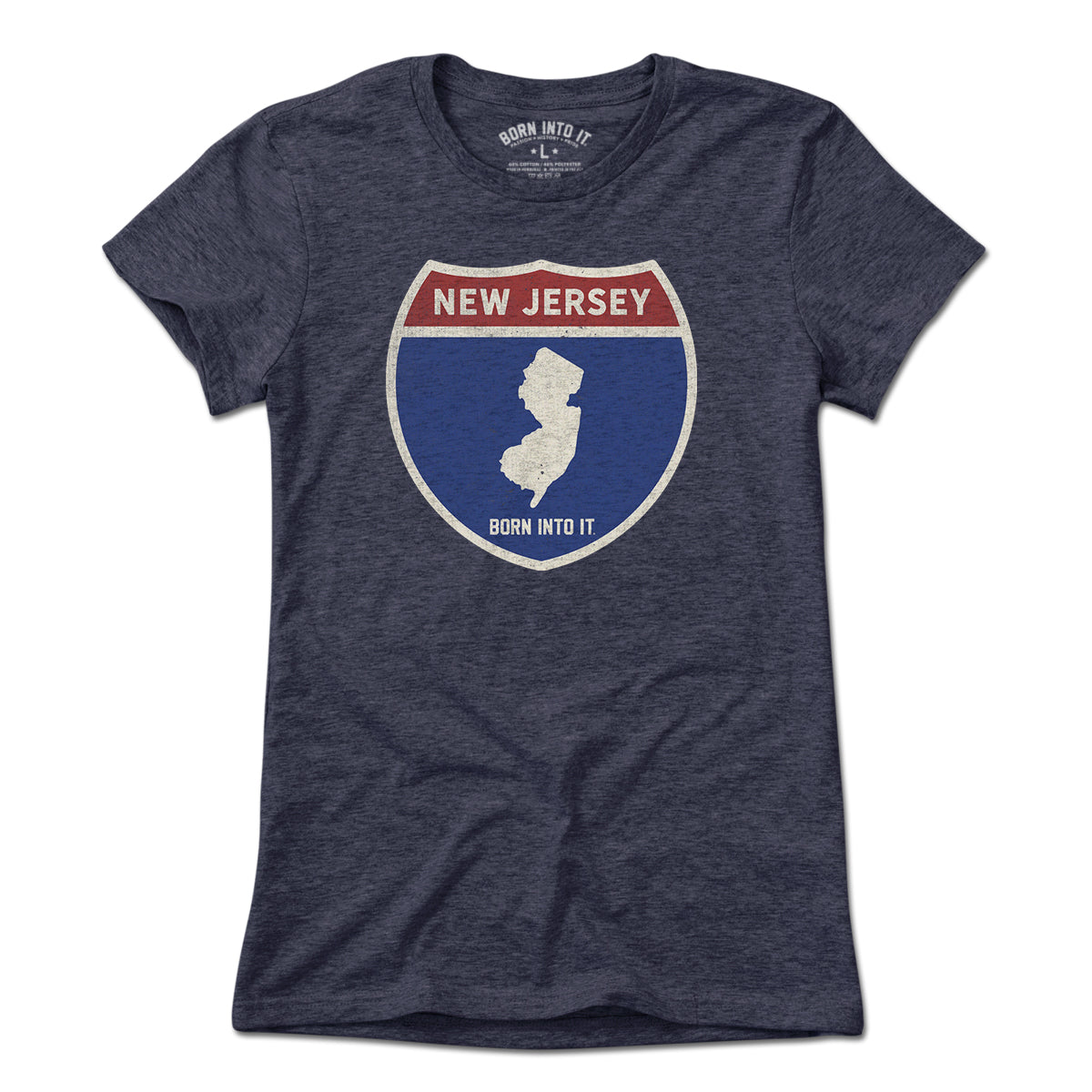 Born Into It New Jersey Interstate Sign T-Shirt featuring a classic highway sign graphic on soft fabric.