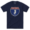 Born Into It New Jersey Interstate Sign T-Shirt featuring a graphic of the NJ, NY, and UT interstate signs on soft cotton fabric.