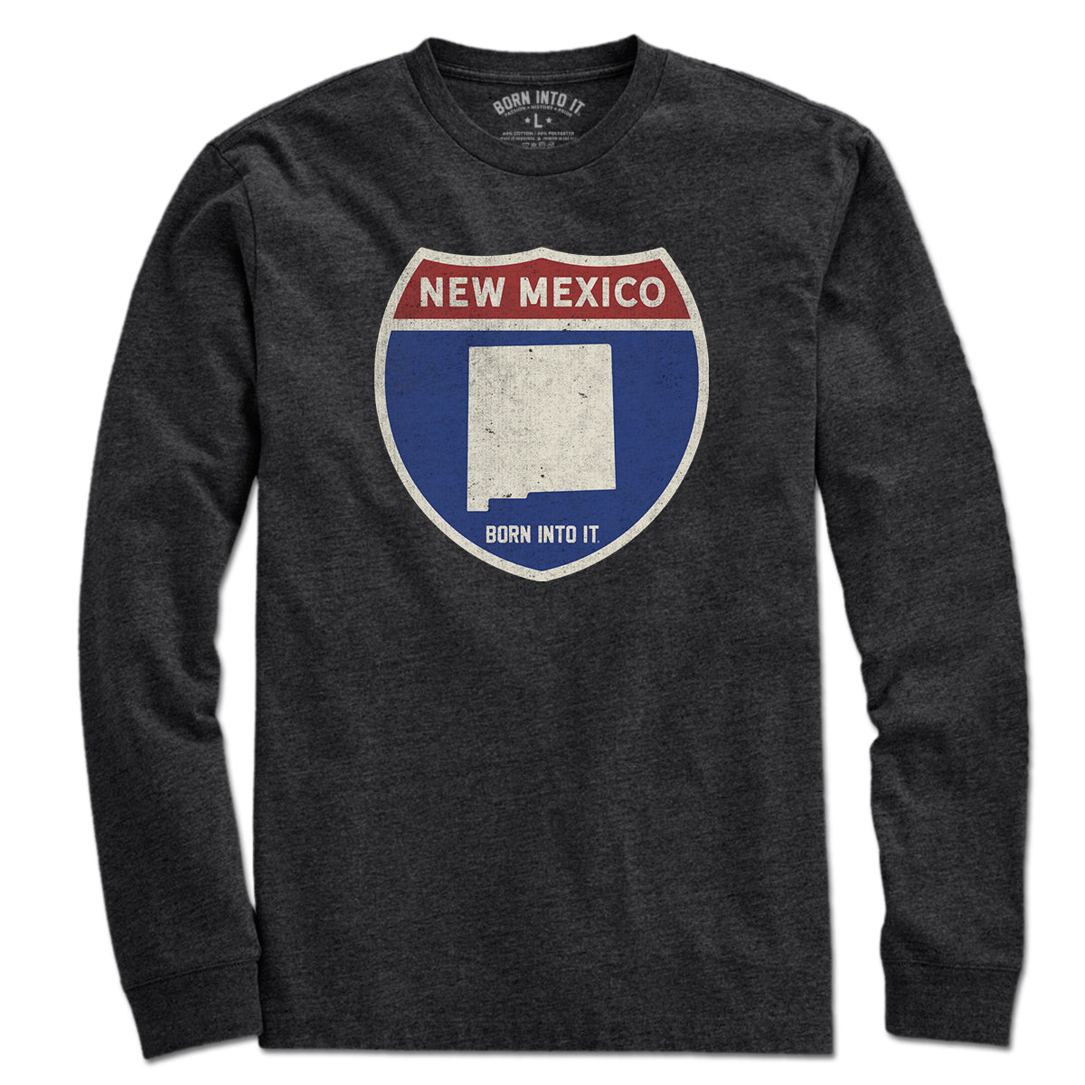 Born Into It New Mexico Interstate Sign T-Shirt featuring a colorful interstate sign design on a casual tee.