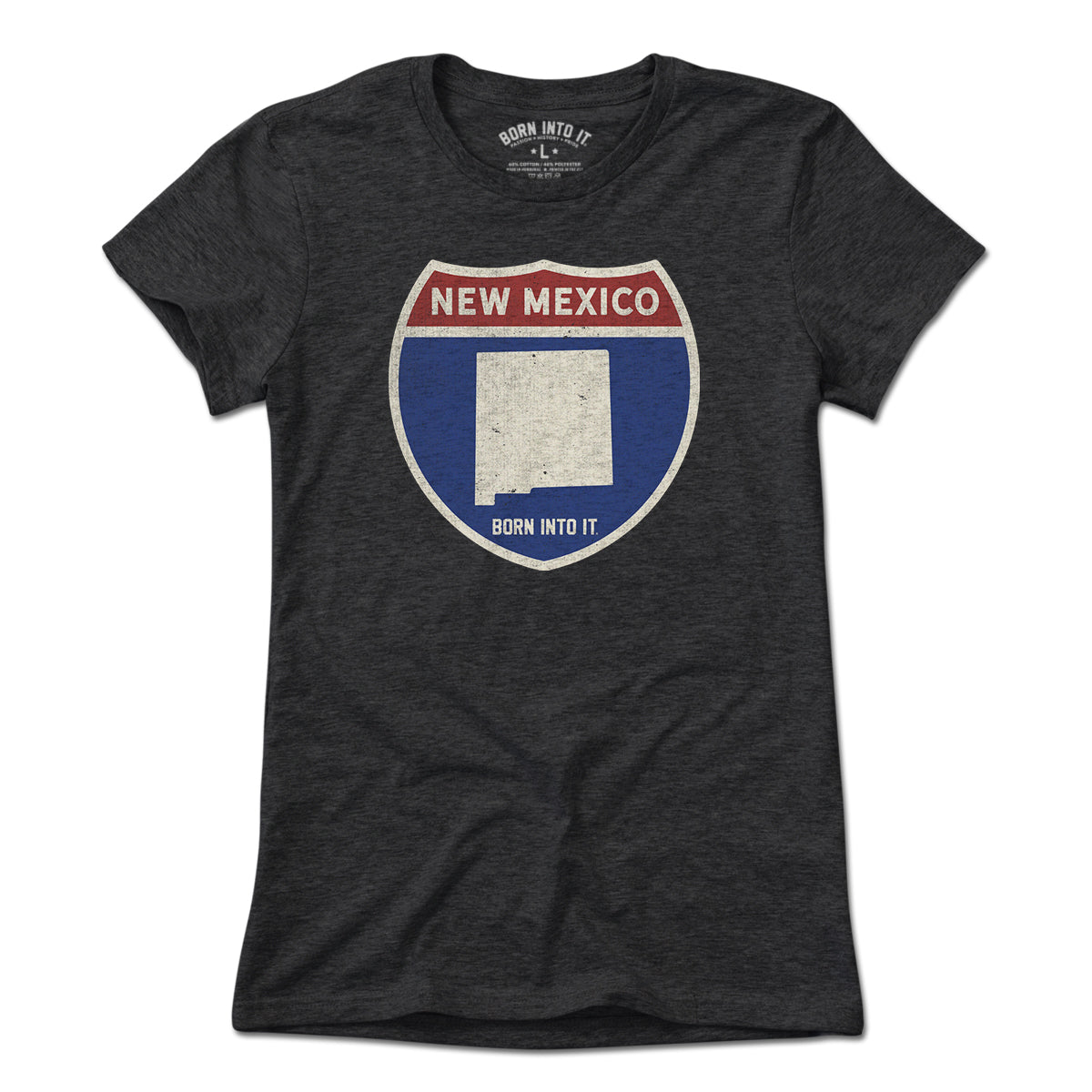 Born Into It New Mexico Interstate Sign T-Shirt featuring a printed interstate sign design on a casual T-shirt.