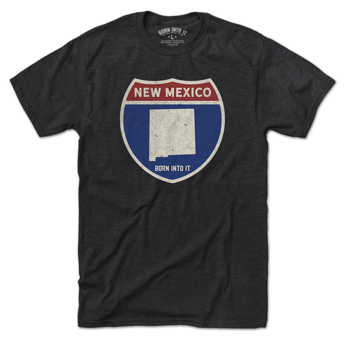 Born Into It New Mexico Interstate Sign T-Shirt featuring a colorful highway sign design on soft fabric.