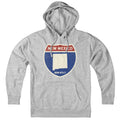 Born Into It New Mexico Interstate Sign hoodie sweatshirt in gray with highway graphic and New Mexico branding.
