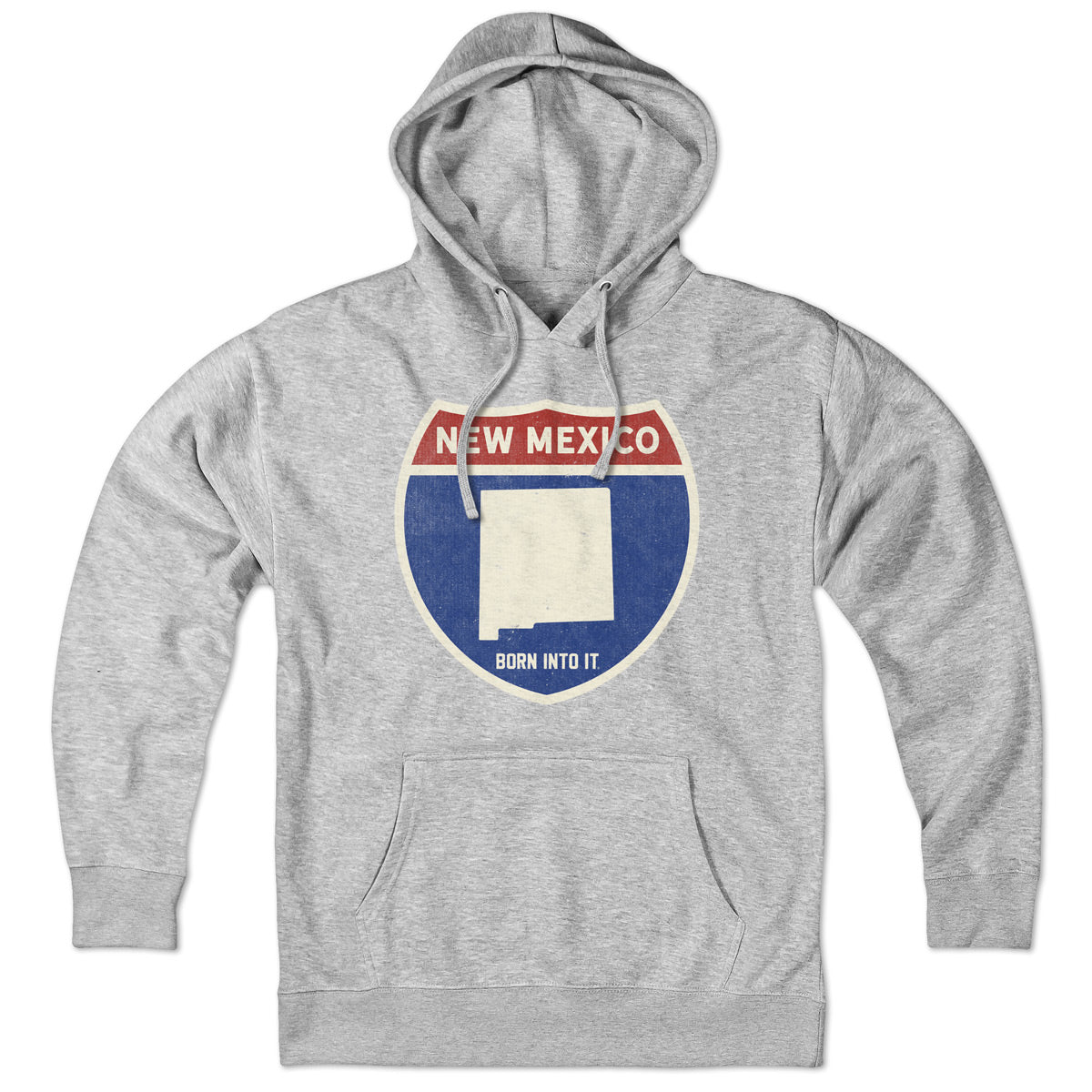 Born Into It New Mexico Interstate Sign hoodie sweatshirt in gray with highway graphic and New Mexico branding.