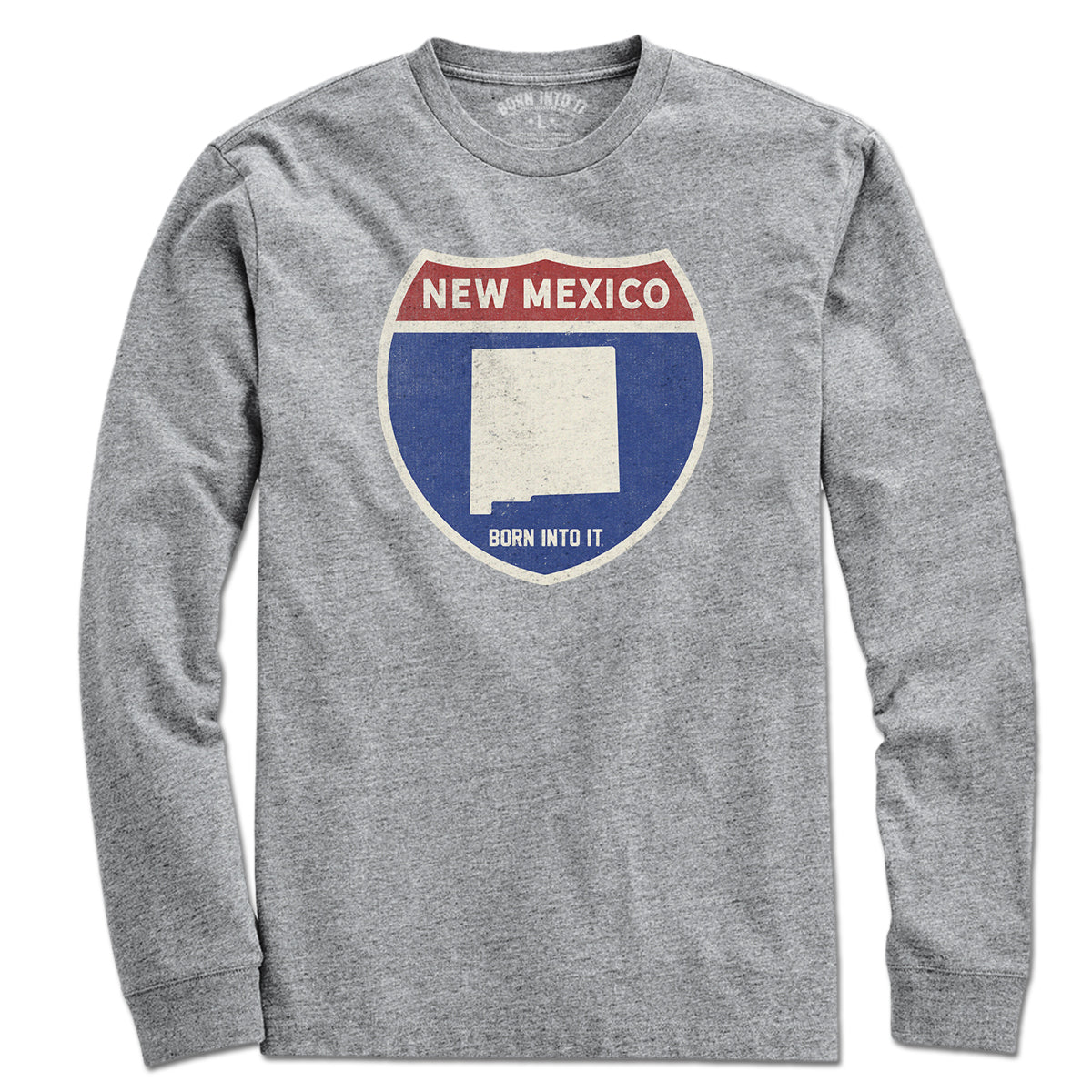Gray New Mexico Interstate Sign T-Shirt by Born Into It, featuring a detailed interstate highway graphic on soft fabric.