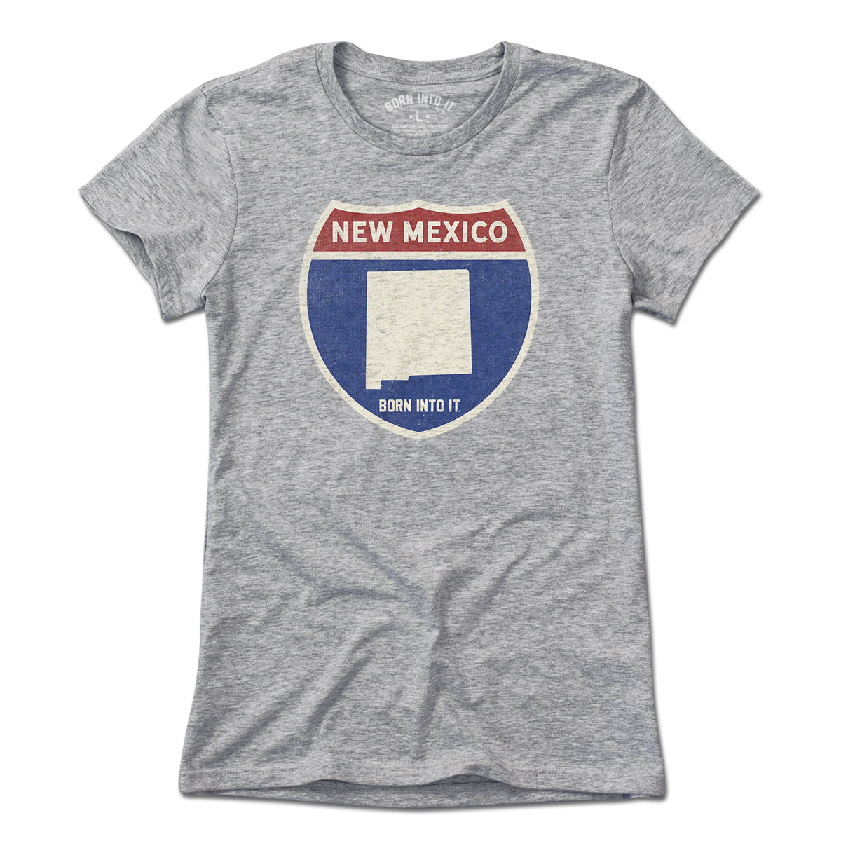 Born Into It New Mexico Interstate Sign T-Shirt in gray, featuring a highway sign graphic on the front.