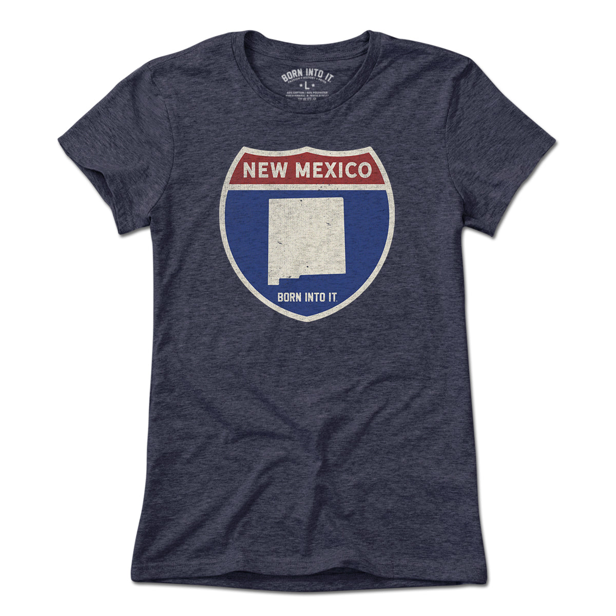 Light green Born Into It New Mexico Interstate Sign T-Shirt with highway graphic on flat layout.