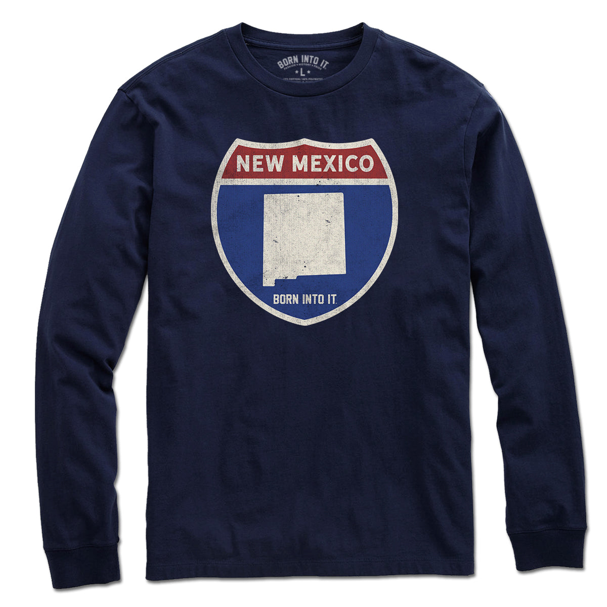 Born Into It New Mexico Interstate Sign T-Shirt featuring a colorful interstate highway design on a casual cotton t-shirt.