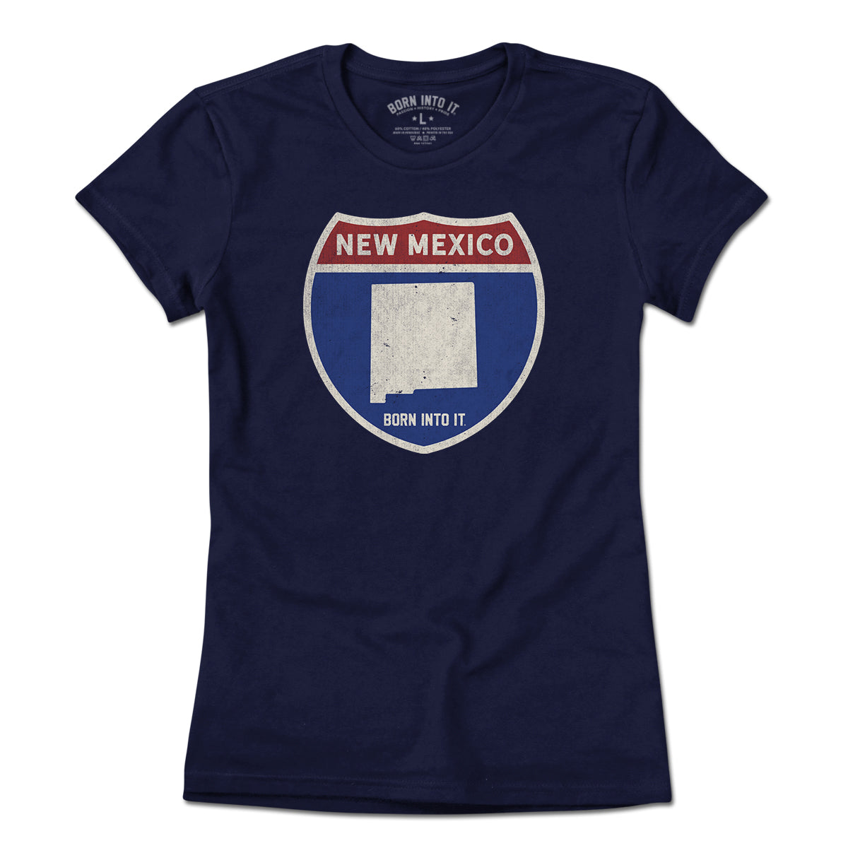 Born Into It New Mexico Interstate Sign T-Shirt showing a vintage-style interstate highway graphic on soft cotton fabric.