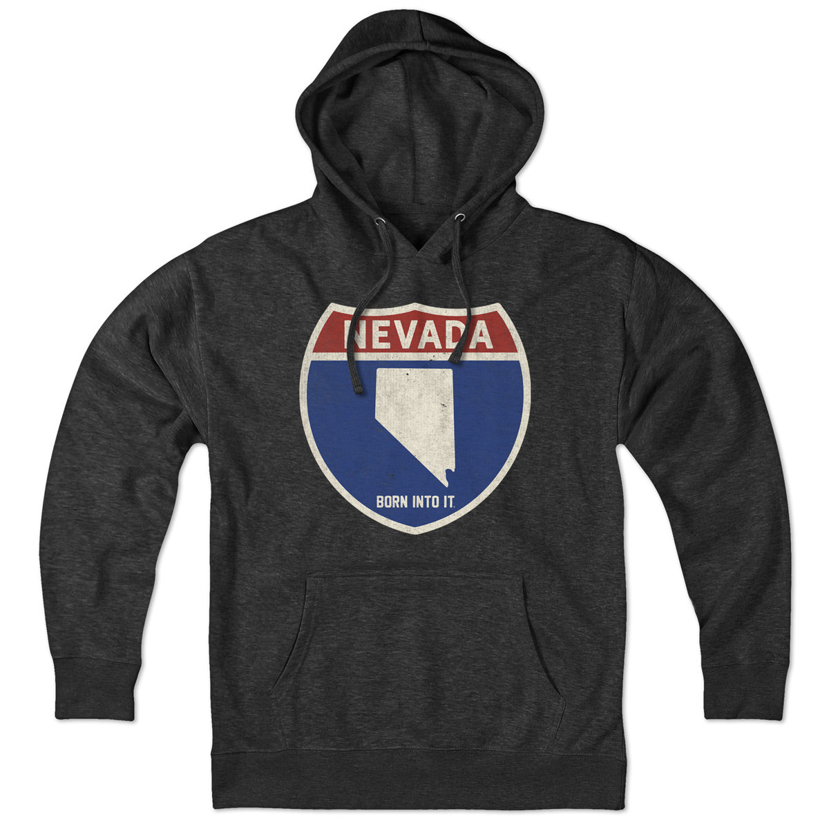 Born Into It Nevada Interstate Sign hoodie sweatshirt with graphic print, featuring a desert highway scene on the front.