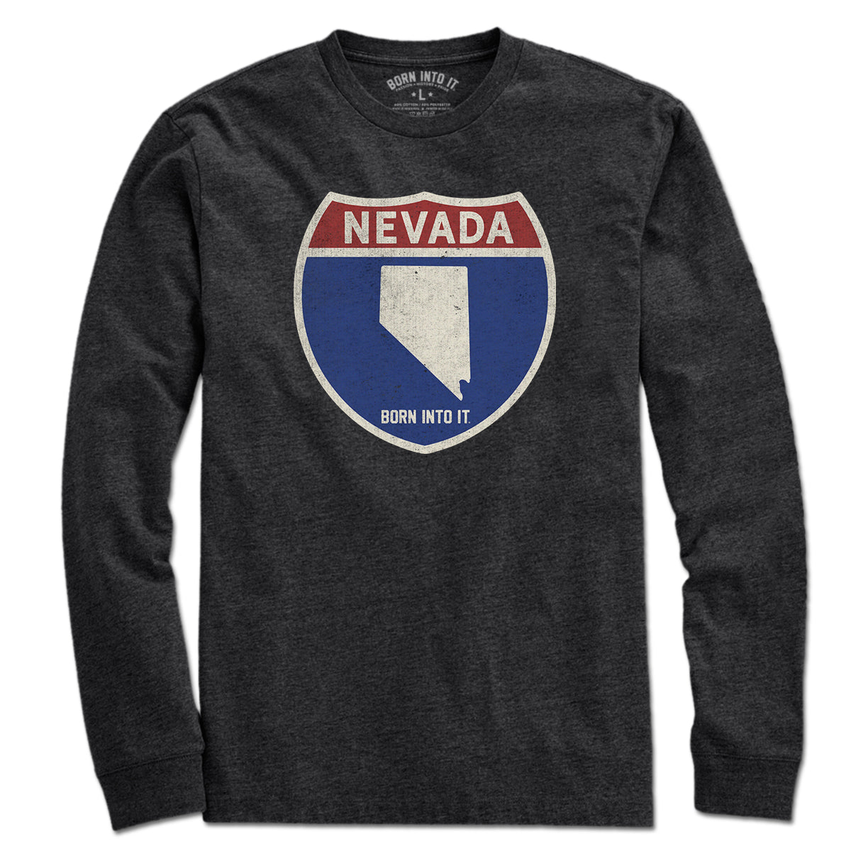 Born Into It Nevada Interstate Sign T-Shirt featuring a printed highway sign design on a casual cotton T-shirt.
