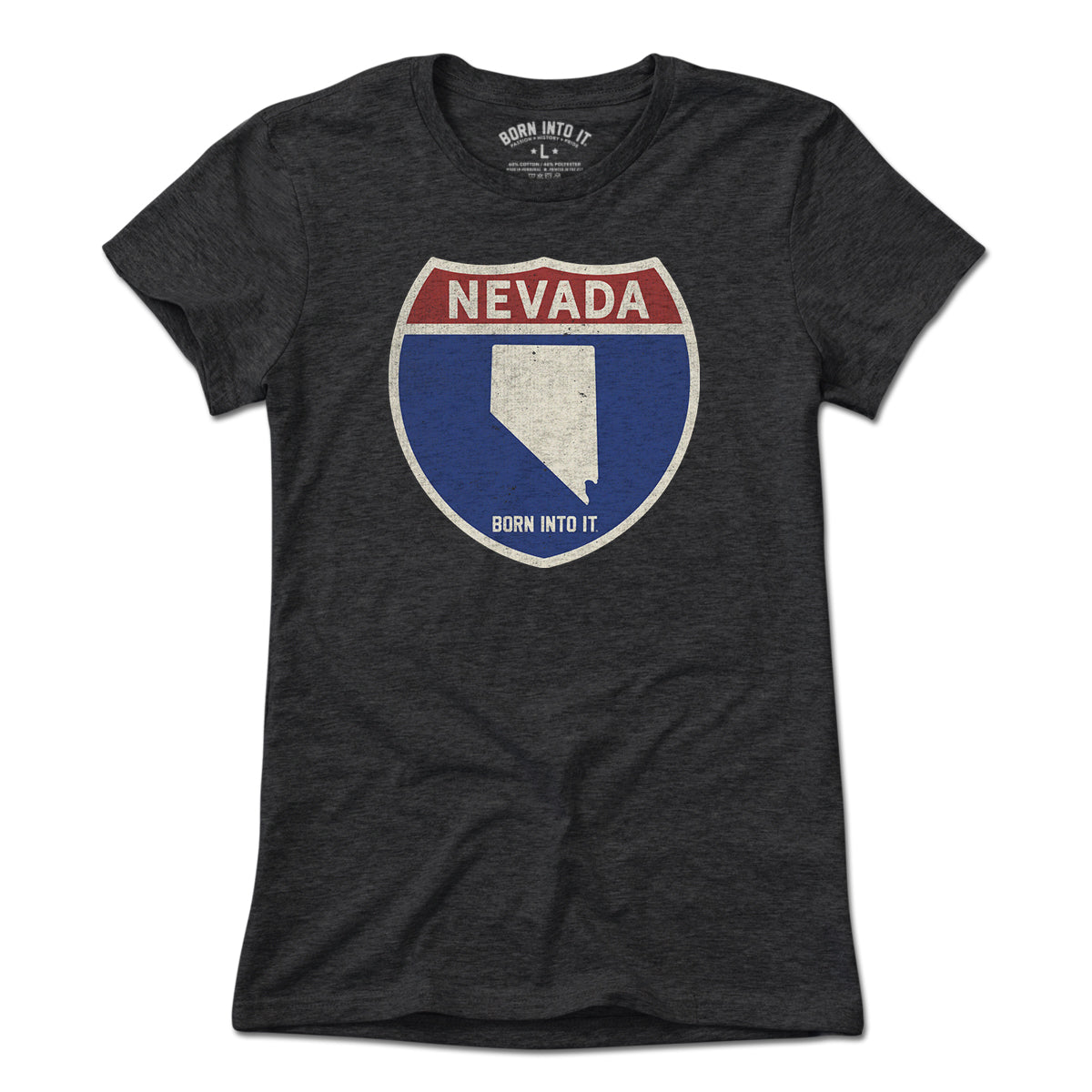Born Into It Nevada Interstate Sign T-Shirt featuring a graphic print of a highway interstate sign on soft fabric.